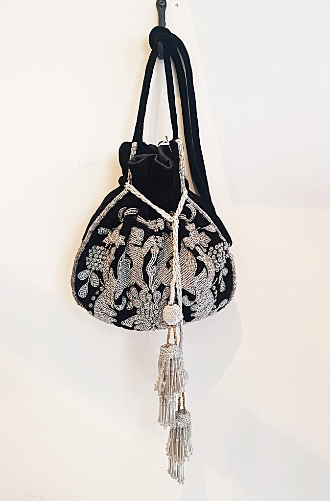 EMC Handmade Black Velvet Beaded Evening Purse - Wild Paisley