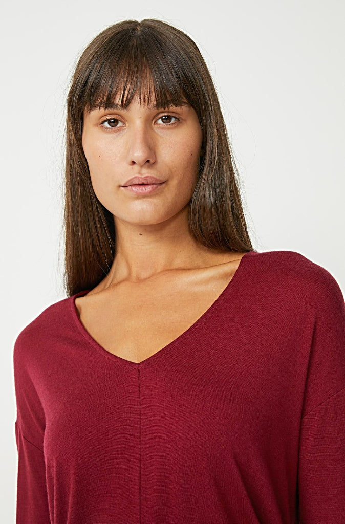 Toorallie V Neck Relaxed Merino Tee in Deep Red - Wild Paisley