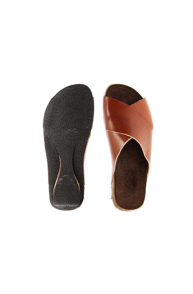 Bosabo Leather Crossover Slides in Brown Leather - Wild Paisley